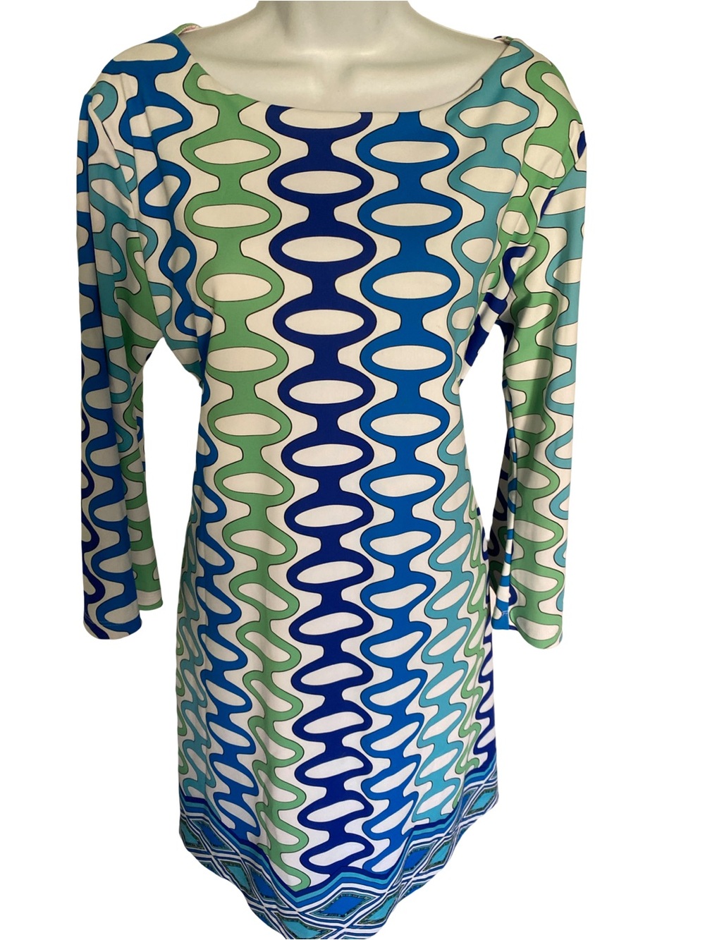 Long Sleeve Patterned Boatneck Dress in Blue and Green-L